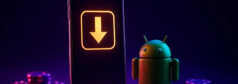 Smartphone on a lit podium showing a large download arrow, with an Android robot and casino chips