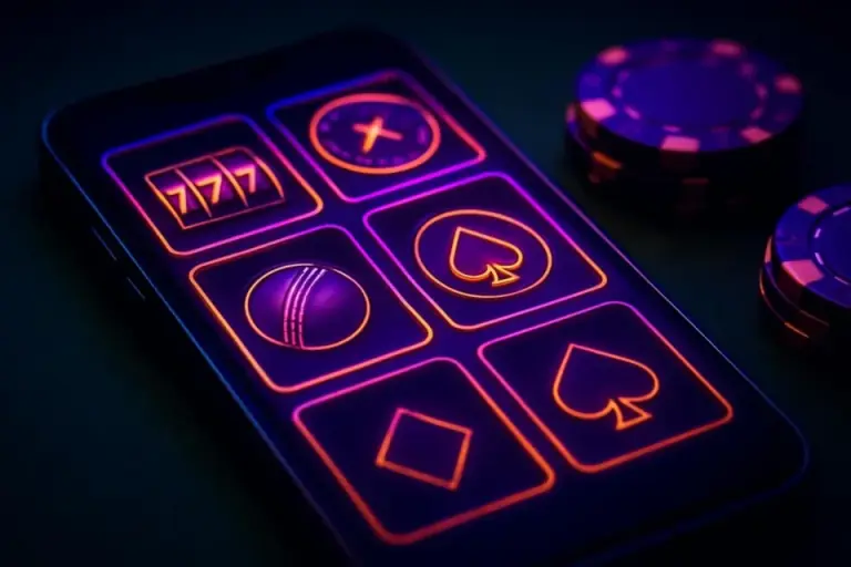 Phone screen with a grid of game tiles: slot reels, a roulette wheel and a cricket ball