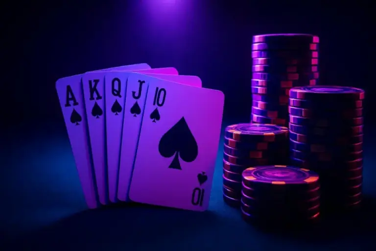 Card table under a single spotlight with cards and chip stacks