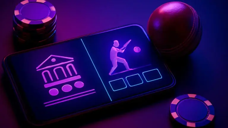 Mobile screen split between casino games and a cricket match, a red ball nearby (5GBD guide)