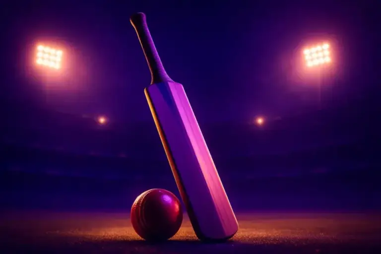 Cricket under floodlights at night, the pitch lit and the stands in the haze