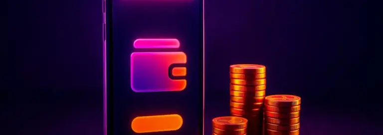 Mobile payment screen on an upright phone surrounded by coins