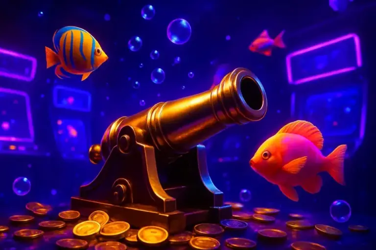 Underwater arcade scene with a golden cannon aimed at bright tropical fish