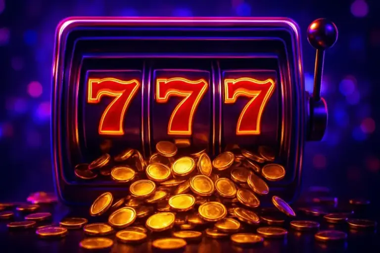Close-up of slot reels with seven symbols and falling coins