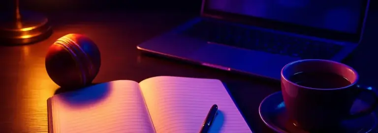 Writing desk under lamp light with a notebook, a pen and a laptop