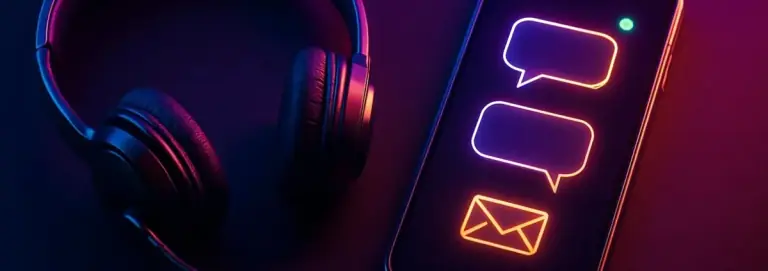 Headset and phone with glowing chat bubbles, a contact and support theme
