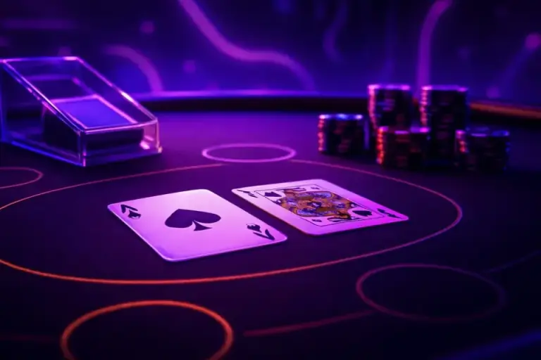 Live table set with a card shoe and casino chips