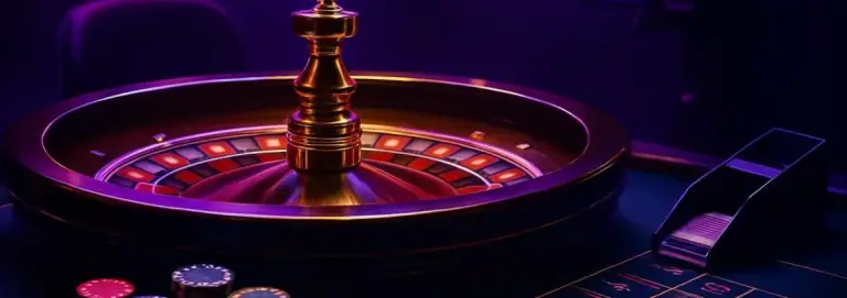 Live table banner with a roulette wheel, chips and studio lights