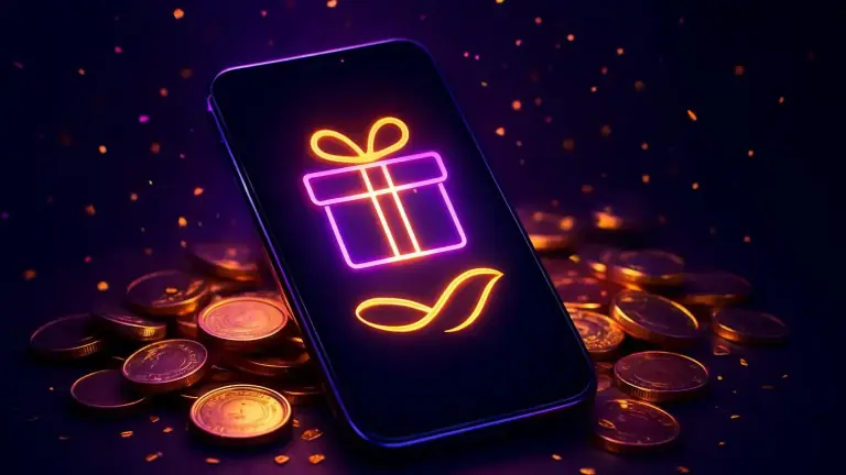 Mobile promotions theme with a gift icon, a ribbon and coins