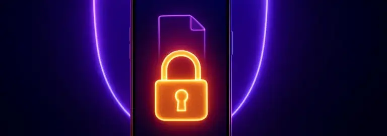 Smartphone with a document icon and a glowing lock, a soft shield of light behind