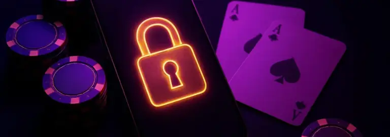 Login screen with a padlock symbol on a mobile phone, framed by chips and cards